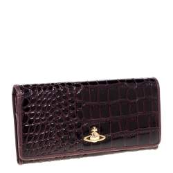 Pre Owned Vivienne Westwood Plum Croc Embossed Patent Leather Flap Continental Wallet