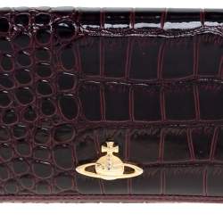 Pre Owned Vivienne Westwood Plum Croc Embossed Patent Leather Flap Continental Wallet