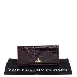 Pre Owned Vivienne Westwood Plum Croc Embossed Patent Leather Flap Continental Wallet