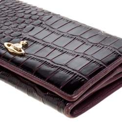 Pre Owned Vivienne Westwood Plum Croc Embossed Patent Leather Flap Continental Wallet