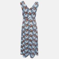Weekend Max Mara Blue Printed Crepe V-Neck Midi Dress M