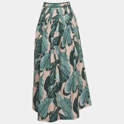 Weekend Max Mara Green Leaf Printed Cotton Pleated Eguale Midi Skirt S