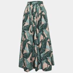 Weekend Max Mara Green Leaf Printed Cotton Pleated Eguale Midi Skirt S