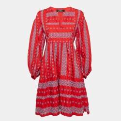 Pre Owned Weekend Max Mara Red Broderie Anglaise Cotton Midi Dress M