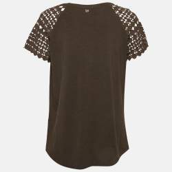 Weekend Max Mara Brown Jersey and Lace Trim Sleeve Top M