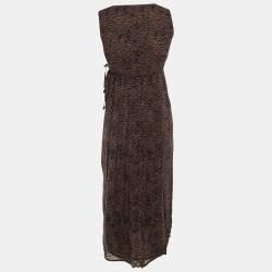 Pre Owned Weekend Max Mara Black /Brown Printed Crepe Wrap Around Sheer Maxi Dress M