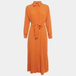 Pre Owned Weekend Max Mara Orange Crepe Belted Midi Dress M