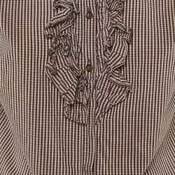 Pre Owned Weekend Max Mara Burgundy Checkered Cotton Frill Detail Shirt M