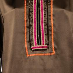 Pre Owned Weekend Max Mara Brown Silk Satin Velvet Trim Detail Blouse XL