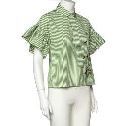 Pre Owned Weekend Max Mara Green Striped Cotton Butterfly Embroidered Top S