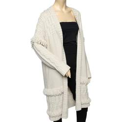 Weekend Max Mara Wool Knit Fringe Detailed Open Front Cardigan L