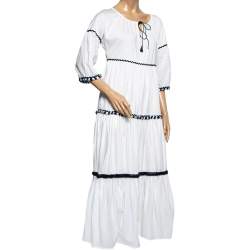 Pre Owned Weekend Max Mara White Cotton Contrast Trim Detail Tiered Maxi Dress S