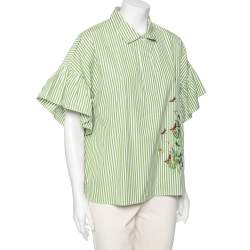 Pre Owned Weekend Max Mara White & Green Striped Cotton Embroidered Poplin Shirt XL