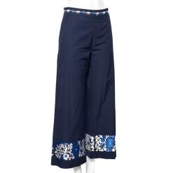 Pre Owned Weekend Max Mara Blue Floral Embroidered Cotton Wide Leg Pants L