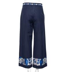 Pre Owned Weekend Max Mara Blue Floral Embroidered Cotton Wide Leg Pants L