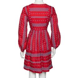 Pre Owned Weekend Max Mara Red Cotton Floral Embroidered Side Slits Detailed Dress M