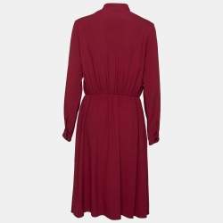 Pre Owned Weekend Max Mara Burgundy Crepe Bow Tie Neck Pleated Dress M