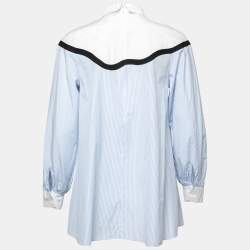 Pre Owned Weekend Max Mara Blue Striped Cotton Bow Detail Blouse S