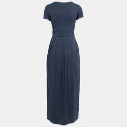 Weekend Max Mara Navy Blue Knit Short Sleeve Waist Tie Detail Pleated Maxi Dress XS