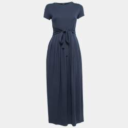 Weekend Max Mara Navy Blue Knit Short Sleeve Waist Tie Detail Pleated Maxi Dress XS