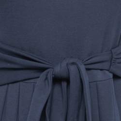 Weekend Max Mara Navy Blue Knit Short Sleeve Waist Tie Detail Pleated Maxi Dress XS