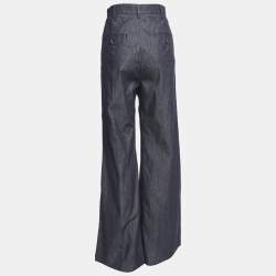 Pre Owned Weekend Max Mara Dark Blue Cotton High Waist Pleated Wide Leg Trousers L Waist 31"