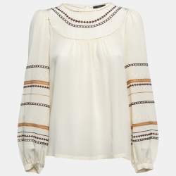 Pre Owned Weekend Max Mara Cream Silk Embroidered Long Sleeve Blouse M