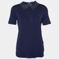 Pre Owned Weekend Max Mara Navy Blue Knit Embellished Neck T-Shirt S
