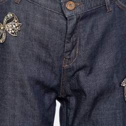 Pre Owned Weekend Max Mara Navy Blue Denim Embellished Bow Detail Cropped Boyfriend Jeans L Waist 34" 