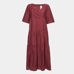 Weekend Max Mara Dark Pink Linen Blend Tiered Maxi Dress S