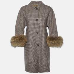 Weekend Max Mara Brown Houndstooth Wool Fur Trimmed Coat S
