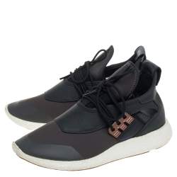 Pre Owned Adidas Y-3 Olive Green/Gray Leather And Stretch Fabric Qasa Elle Sneaker Size 37.5