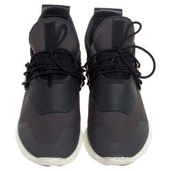 Pre Owned Adidas Y-3 Olive Green/Gray Leather And Stretch Fabric Qasa Elle Sneaker Size 37.5