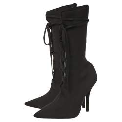 Pre Owned Yeezy Black Knit Sock Lace Up Boots Size 36.5