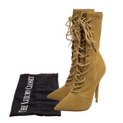 Pre Owned Yeezy Beige Stretch Canvas Season 6 Lace Up Pointed Toe Boots Size 36