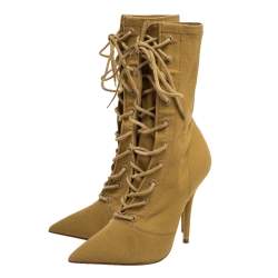 Pre Owned Yeezy Beige Stretch Canvas Season 6 Lace Up Pointed Toe Boots Size 36