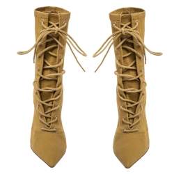 Pre Owned Yeezy Beige Stretch Canvas Season 6 Lace Up Pointed Toe Boots Size 36