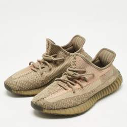 Pre Owned Yeezy x Adidas Brown Knit Fabric Boost 350 V2 Sand Taupe Sneakers Size 41 1/3