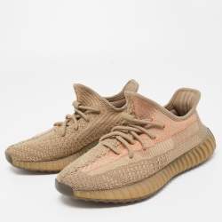 Pre Owned Yeezy x Adidas Brown Knit Fabric Boost 350 V2 Sand Taupe Sneakers Size 38 2/3