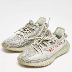 Pre Owned Yeezy x Adidas Blue/White Knit Fabric Boost 350 V2 Cloud White Non-Reflective Sneakers 39 1/3