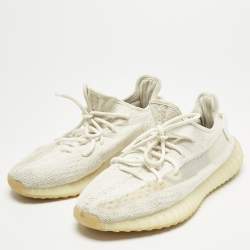 Pre Owned Yeezy x Adidas White Knit Fabric Boost 350 V2 Lace Up Sneakers Size 43.5