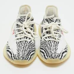 Pre Owned Yeezy x Adidas White/Black Knit Fabric Boost 350 V2 Lace Up Sneakers Size 38.5