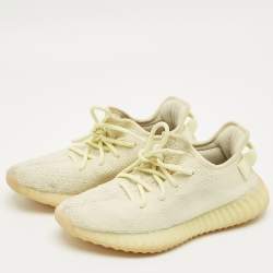 Pre Owned Yeezy x Adidas Light Yellow Knit Fabric Boost 350 V2 Butter Sneakers Size 38 2/3