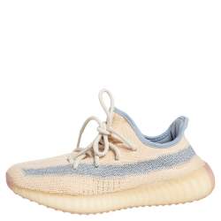 Pre Owned Yeezy x adidas Light Beige Knit Fabric Boost 350 V2 Linen Sneakers Size 38