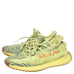 Pre Owned Yeezy x Adidas Boost 350 V2 Semi Frozen Green Knit Fabric Lace Up Sneakers Size 40