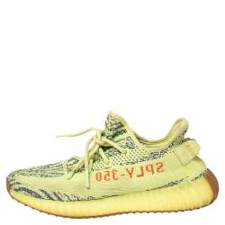 Pre Owned Yeezy x Adidas Boost 350 V2 Semi Frozen Green Knit Fabric Lace Up Sneakers Size 40