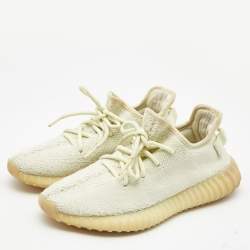 Pre Owned Yeezy x Adidas Green Knit Fabric Boost 350 V2 Sesame Sneakers Size 38 2/3