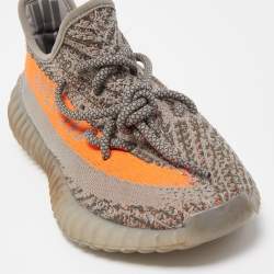 Pre Owned Yeezy x Adidas Grey/Orange Knit Fabric Boost 350 V2 Beluga Reflective Sneakers Size 38