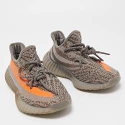 Pre Owned Yeezy x Adidas Grey/Orange Knit Fabric Boost 350 V2 Beluga Reflective Sneakers Size 38