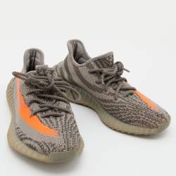 Pre Owned Yeezy x Adidas Grey/Orange Knit Fabric Boost 350 V2 Beluga Reflective Sneakers Size 39 1/3